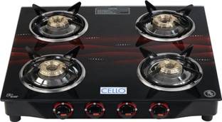 CELLO Gem 4 Burner Red Manual Ignition LPG Glass Top Gas Stove, ISI Certified Glass Manual Gas Stove
