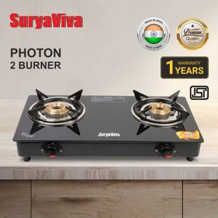 SURYAVIVA Photon 2B BK Toughened 2 Cast Iron (,Black) Glass Manual Gas Stove