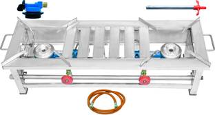 Cay Two Burner Stainless Steel Rectangle Gas Stove/ Bhatti with Fitted Brass Nut Hose Pipe, High Pressure Regulator, Valve and Gas Lighter (36 L X 12 W X 9 H Inch, Silver) Stainless Steel Manual Gas Stove