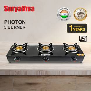 SURYAVIVA 3B Photon Bk Toughened 3 Cast Iron (Manual,Black) Glass Manual Gas Stove