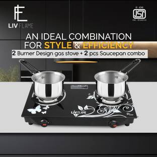 LIVFLAME Popular Design Combo with 2 pcs Induction Friendly Sauce Pan Food Grade Steel Glass Manual Gas Stove