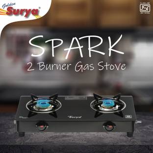 Golden Surya Spark, Premium Toughened Glass Top, ISI Certified, LPG Use" ( MS Poder Coated) Iron Manual Gas Stove