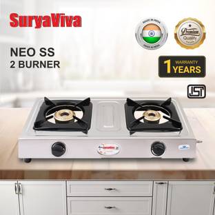 SURYAVIVA Neo 2B Stainless steel stove 2 Cast Iron burner(Silver) Stainless Steel Manual Gas Stove