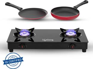 Lifelong Combo - Cooktop + Flat tawa + Fry Pan Top Glass Manual Gas Stove