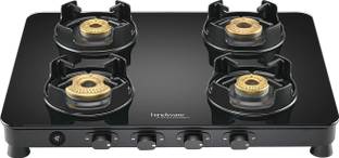 Hindware Alverio 4B |8mm Thick Toughened Glass|Forged Brass Burners| Black Drip Trays Glass, Stainless Steel Manual Gas Stove