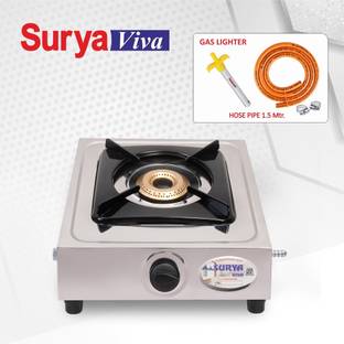SURYAVIVA 1B SS (Lighter+Hose pipe) steel gas stove(silver) Stainless Steel Manual Gas Stove