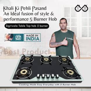 Sigri-wala Surya Primecook 5 Burner Hobtop Black & White Glass Manual Hob