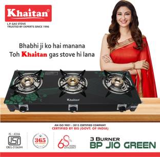 Khaitan 3 Burner BP-JIO Green Digital Toughend Glass Manual Gas Stove