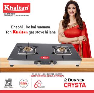 Khaitan 2 Burner Crysta SS Black Toughened Glass Manual Gas Stove