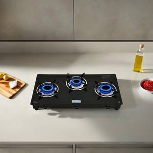 CELLO Regal 3 Burner Black Gas Cooktop,Toughened Glass, ISI Certified, 1 Year Warranty Glass Manual Gas Stove