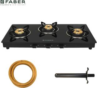 FABER Daisy Pro 3BB BK|Powder Coated Pan Support |Manual Ignition|Brass Burners| Glass Manual Gas Stove