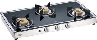 Glen 3 Burner Mirror Finish Glass Gas Stove with Forged Brass Burner Glass Automatic Gas Stove