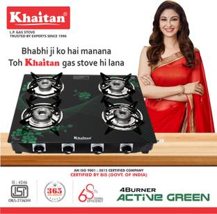 Khaitan 4 Burner Active Forge Green Toughened Glass Manual Gas Stove