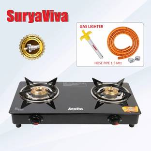 SURYAVIVA Photon 2B (Lighter+hose pipe) BK Toughened 2 Cast Iron (Igniton,Black) Glass Manual Gas Stove