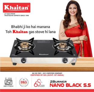 Khaitan 2 Burner Nano Stainless Steel frame Glass Manual Gas Stove