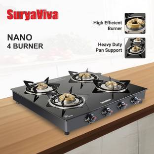 SURYAVIVA Nano 4B BK Toughened Glass 4 Cast Iron (Manual Ignition,Black) Glass Manual Gas Stove