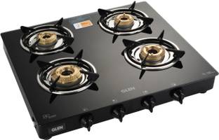 Glen 4 Burner Glass Gas Stove 1 High Flame 3 Brass Burners(1040GTXLHFBBBL) Glass Manual Gas Stove