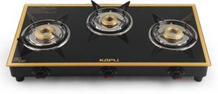 KAPLI Premium 3 Burner with Toughened Glass Cooktop Brass burners LPG Glass Manual Gas Stove
