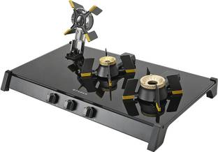 FABER Genius 75 cm 3 Burner Liftable Burner Round Pan Support Black ABS Knobs Cooktop Glass Manual Gas Stove