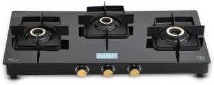 CELLO Black Pearl 3 Burner Toughened Glass Top Gas Stove, Brass Burners, Black Finish Glass Manual Gas Stove