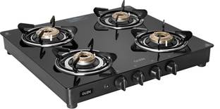 Glen LPG Gas Stoves 4 Burner | Brass Burners ISI Certified | 2 Years Warranty Black Glass Automatic Gas Stove