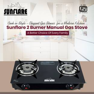 Sunflare Cute 2B Toughened Glass Tornado Burner(Bk) Glass Manual Gas Stove(2 Burners) Glass Manual Gas Stove