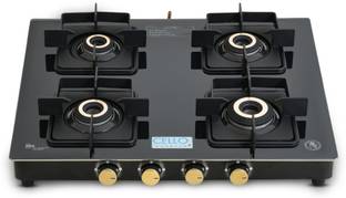 CELLO Black Pearl 4 Burner Toughened Glass Top Gas Stove, Brass Burners, Black Finish Glass Manual Gas Stove