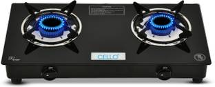 CELLO Regal 2 Burner Black Gas Cooktop,Toughened Glass, ISI Certified, 1 Year Warranty Glass Manual Gas Stove