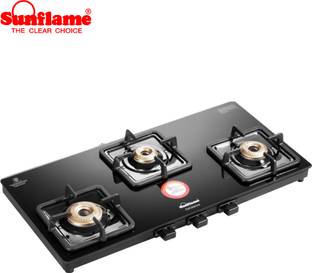 Sunflame 3 Burner Gas stove Solitaire Glass Manual Hob