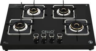CELLO Platinum 4 Burner Manual Hob Top LPG Gas Stove 8mm Black Toughened Glass Top Glass Manual Hob