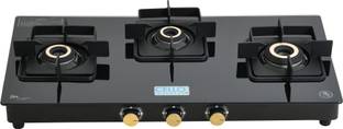 CELLO Black Pearl 3 Burner Toughened Glass Top Gas Stove, Brass Burners, Black Finish Glass Manual Gas Stove