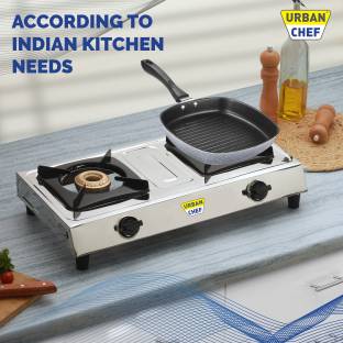 Urban Chef Combo ISI certified Mini Nano classic 2 Burner + Nonstick Grill Pan 220 Stainless Steel Manual Gas Stove