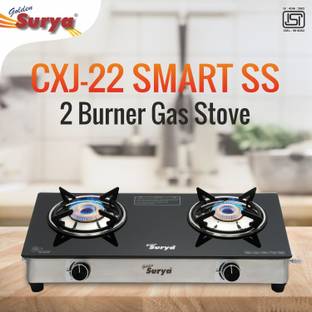 Golden Surya Premium Toughened Glass Top, ISI Certified, CXJ-22 SS Smart- Rich Look, LPG Use" Glass Manual Gas Stove