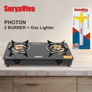 SURYAVIVA Photon 2 Burner Combo Lighter Toughened Glass 2 Cast Iron (Ignition,Black) Glass Manual Gas Stove