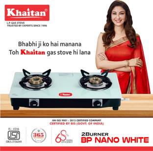 Khaitan Khaitan 2 Burner Nano White Glass Manual Gas Stove