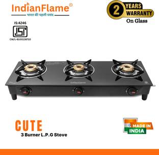 IndianFlame 3 Burner ISI Certified BP-Black (3 Burners) Glass Manual Gas Stove