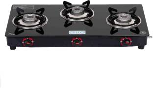 cello Gem 3 Burner Black Gas Cooktop,Toughened Glass, ISI Certified, 1 Year Warranty Glass Manual Gas Stove