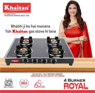 Khaitan 4 Burner Royale MS-Black Glass Manual Gas Stove