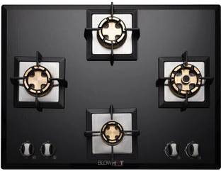BLOWHOT Pluton 4 Heavy Brass Burner, Battery Operated Built – In, Toughened Glass Top Glass, Aluminium Automatic Hob
