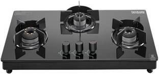 Hindware Black 3 burner Slimmest Top Knob Gas Stove Glass Manual Hob