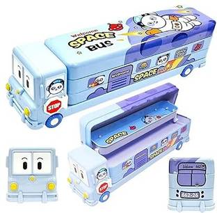 Jumanji Cartoon Printed School Bus Metal Pencil Box with Moving Tyres and Sharpener. Geometry Box