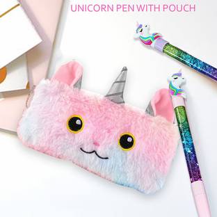 SAFESEED Cute Unicorn Fur Pouch With 2 Unicorn Pens for Boys and Girls Geometry Box