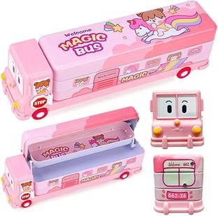 knob Cartoon Printed School Bus Metal Bus Pencil Box With Moving Tyres pink Geometry Box