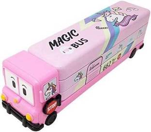 BAOER Cartoon Printed School Bus Metal Pencil Box with Moving Tyre&Sharpener for Kids Geometry Box