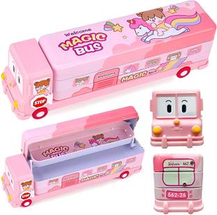 RETRIX Cartoon Printed School Bus Metal Pencil Box with Moving Tyres and Sharpener Geometry Box