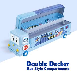 ज़ाइनेटी Cartoon Printed School Bus Pencil Box with Moving Tyres and Sharpner for Kids ज्योमेट्री बॉक्स
