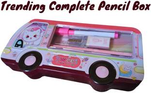 ALLIHOR Pencil Boxs for Kids Bus Pencil Case with Stationary Kit with Metal 1 Pcs (Pink) Geometry Box