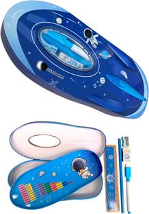 TECHNOCHITRA Rocket Shape Space Metal Pencil Box for Kids with Astronaut Design & White Board Geometry Box