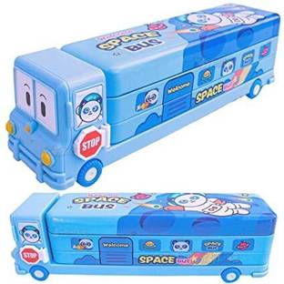 Mikki Tikki Multicolour Cartoon Printed School Bus Matal Pencil Box with Moving Tyres and Sharpner for Kids(Blue) Geometry Box