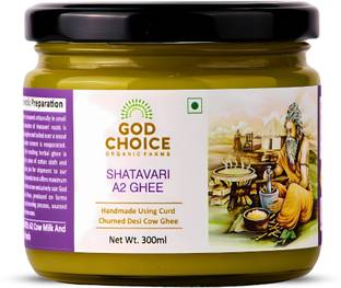 God Choice Organic Farms Ayurvedic Shatavari A2 Desi Cow Ghee 300 ML from Bilona Method | Desi Cow Ghee Ghee Glass Bottle